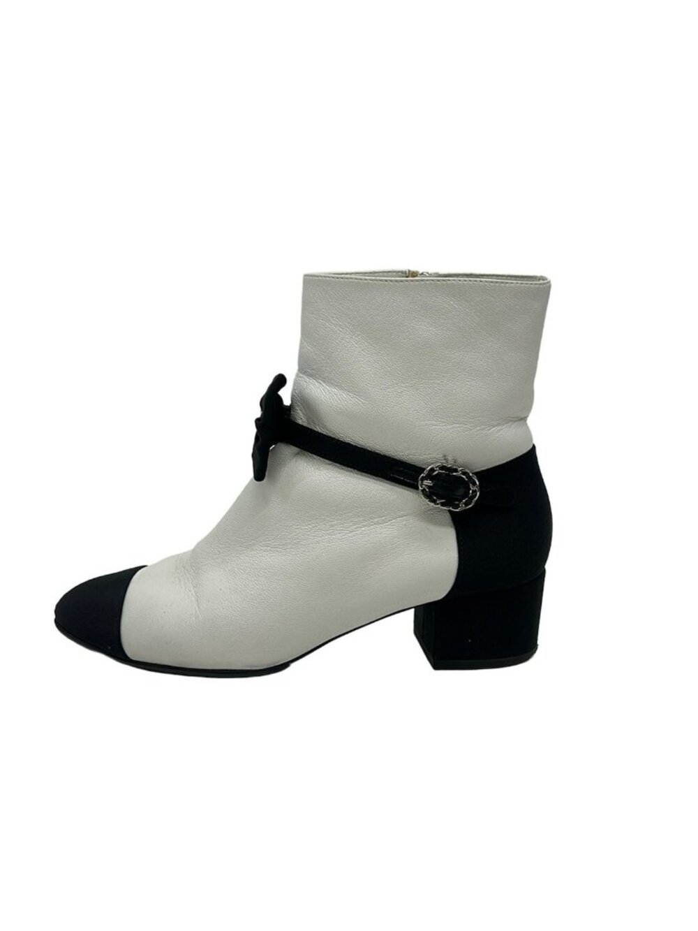 Chanel Short Boots White Black Ribbon CC Logo Rhinestone Leather